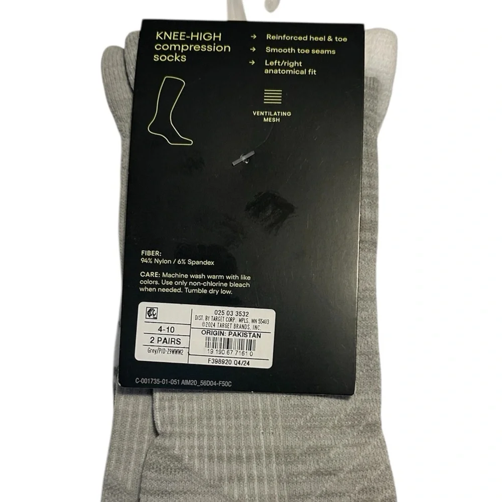 All in Motion Knee High Compression Socks 2 Pair Grey & White